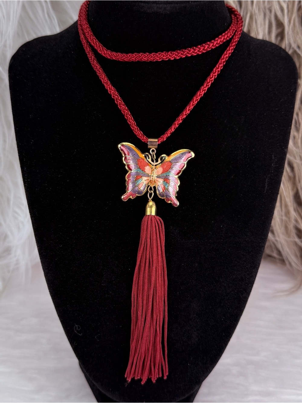 Vintage Cloisonné Butterfly Tassel Pendant Necklace Burgundy Cord Statement